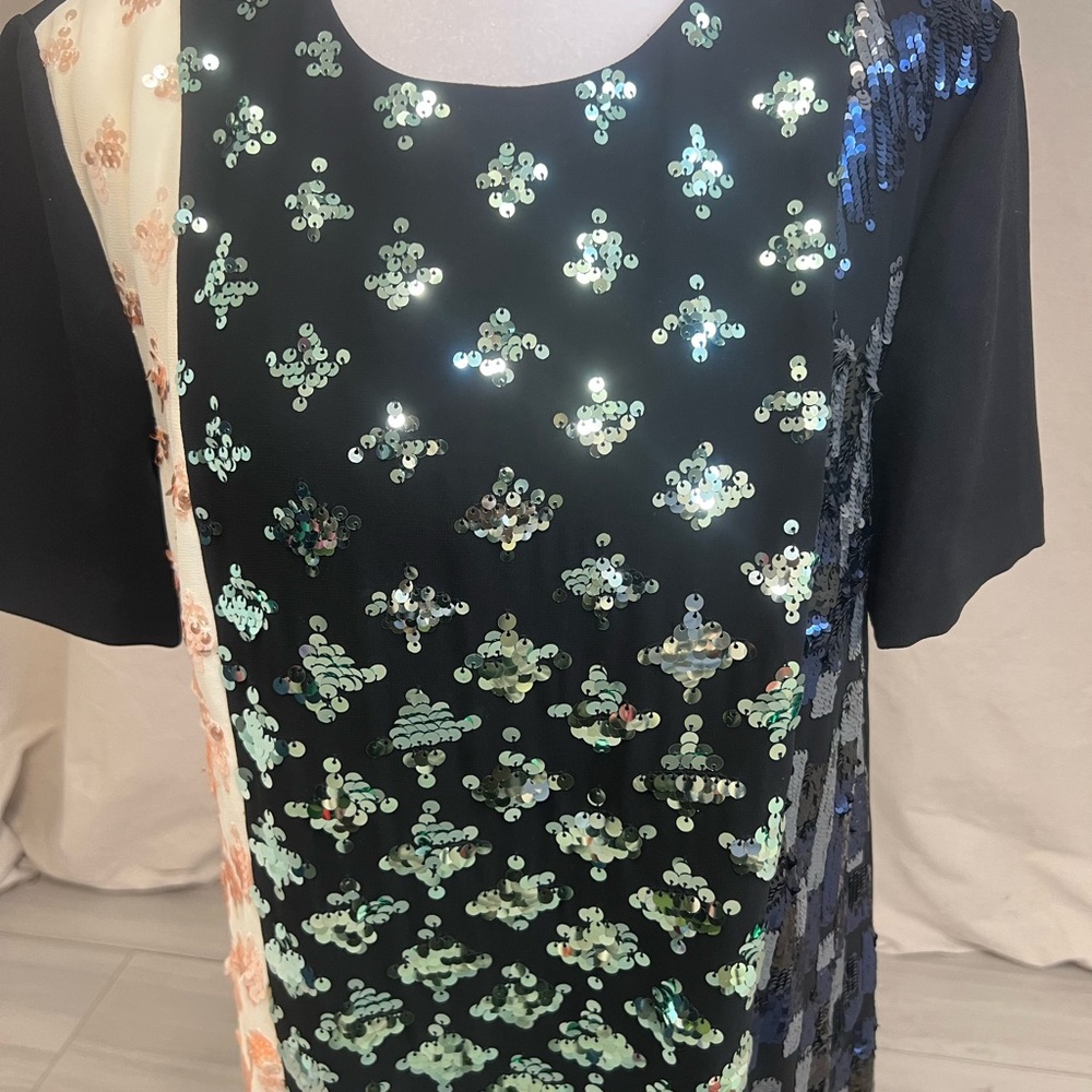 Tory Burch Retro Sequin Colorblock Shift Dress Black Cream Sz 6 Mob Wife Luxury - Picture 3 of 10